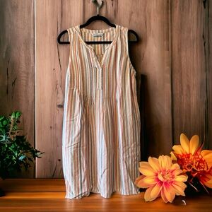 Sonoma Peach/Teal/Tan Striped Sleeveless Linen Shift Dress